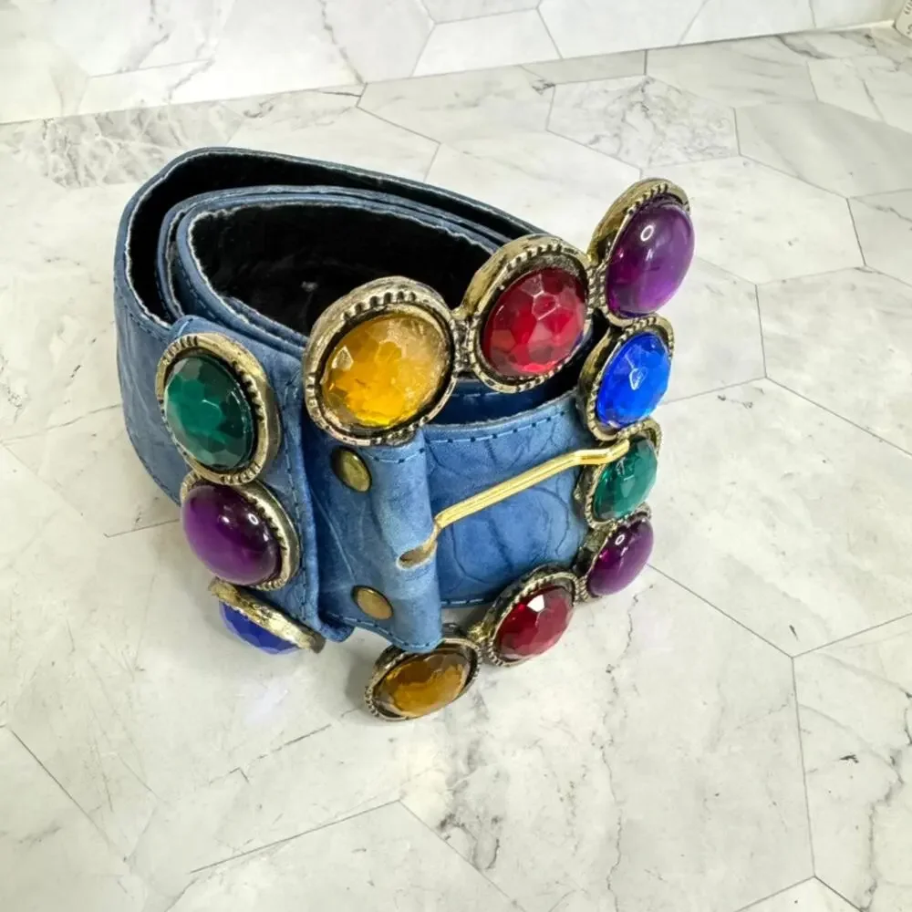 Vtg Nina Arjani Leatherock Belt Sz S Blue Leather Rhinestones San Diego 1980s